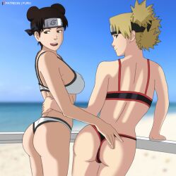 2girls aqua_eyes arm_support ass back bare_arms bare_legs bare_shoulders beach bikini bikini_bottom bikini_top black_bikini black_swimsuit blonde_hair blue_eyes breasts brown_eyes brown_hair bubble_ass bubble_butt closed_mouth double_bun duo female female_only forehead_protector furutaka hair_bun hand_on_ass headband hug human human_only legs licking_lips looking_at_viewer looking_back medium_breasts midriff multiple_females multiple_girls mutual_yuri naruto naruto_(series) naruto_shippuden neck ocean outdoors outside round_teeth sand sea short_hair side-by-side sky smile smiling standing swimsuit teeth temari tenten thong thong_bikini tied_hair tongue tongue_out twintails upper_teeth white_bikini white_swimsuit yellow_hair yuri