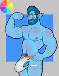 1boy 2023 abs balls bara barazoku beard biceps big_balls big_bulge big_penis blue_body blue_skin blush bulge daddy dilf disney elf erection erection_under_clothes facial_hair gay gepp_(artist) gepp_d glasses hairy hi_res highres huge_bulge jockstrap male male_focus male_nipples male_only male_pubic_hair manly muscles muscular muscular_arms muscular_legs muscular_male muscular_thighs nipples onward_(2020) penis pixar pointy_ears solo solo_male underwear wilden_lightfoot