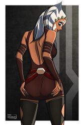 1girls ahsoka_tano ass ass_grab back backless_dress backless_outfit bare_back clone_wars dress duck_smuggler female female_only groping jedi jedi_padawan pose rear_view red_clothing red_dress showing_off solo spread_ass spread_butt standing star_wars the_clone_wars:_season_four the_clone_wars:_season_three togruta