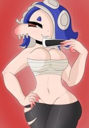 ad_banner blue_hair body_blush breasts clothed folding_fan hips nintendo octoling octoling_girl red_eyes ripped_pants shiny_skin shiver_(splatoon) smirk splatoon splatoon_3 voluptuous wide_hips