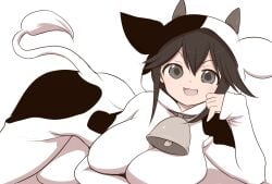 ass_up bodysuit brown_eyes brown_hair collar cow_bell cow_costume cow_ears cow_horns cow_print cow_tail hair_between_eyes head_on_hand highres large_breasts laying_down medium_hair murayamawataru oerba_yun_fang smiling smiling_at_viewer the_battle_cats thundia