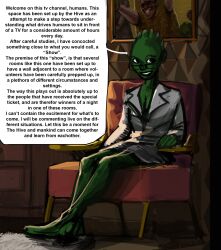 1girls alien_girl barefoot clothed dialogue english_text glasses green_skin polarbearnsfw seated text