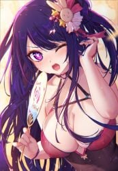 1girls big_breasts boob_window female female_focus female_only hoshino_ai idol long_hair mitsu_art oshi_no_ko pubic_hair purple_eyes purple_hair solo solo_female solo_focus white_body wink