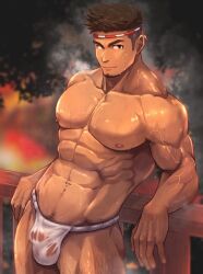 1boy abs bara bara_tiddies bara_tits beard biceps big_pecs body_hair brown_eyes brown_hair busty facial_hair funa_(artist) fundoshi fundoshi_only goatee hachimaki hairy hairy_thighs happy_trail hip_lines human human_only leaning_against_railing leg_hair loincloth loincloth_only looking_at_viewer male male_chest male_nipples male_only manly muscular_arms muscular_male navel nipples pecs pectorals pubic_hair see-through serratus_anterior six_pack solo solo_focus solo_male steam steaming_body steamy sweat sweating sweaty tan_body toned toned_body toned_male underwear underwear_only v-line vein veiny_muscles wet_fundoshi wet_underwear white_loincloth white_underwear