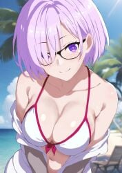 1girls big_breasts bikini blurry blurry_background blush breasts cleavage curio_(curiofinity) fate/grand_order fate_(series) female glasses hair_over_eye hair_over_one_eye large_breasts light_purple_hair long_bangs looking_at_viewer mash_kyrielight navel off_shoulder outdoors purple_eyes purple_tail short_hair smile solo stomach swimsuit