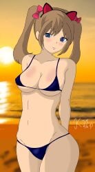 1girls alternate_version_available artist_request beach bikini boobs breasts brown_hair caroline_(free_fire) embarrassed free_fire sole_female standing tagme twin_drills twintails