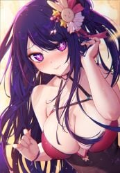 1girls cleavage female female_focus female_only hoshino_ai idol long_hair mitsu_art oshi_no_ko pubic_hair purple_eyes purple_hair solo solo_female solo_focus