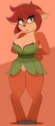 absurd_res activision anthro breasts brown_fur brown_hair cleavage elora faun_(spyro) female female_focus female_only genitals green_eyes hi_res leaf_clothing pussy shy solo spicyredfox spyro_the_dragon thighs