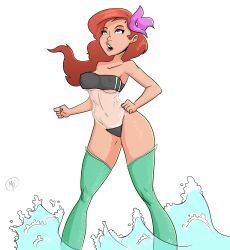 ariel disney disney_princess green_thighhighs gris_swimsuit human leggings legs mermaid myopic_prophet nipple_bulge red_hair standing standing_in_water the_little_mermaid