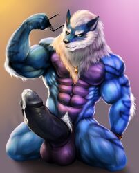 abs absurd_res anthro arcanine dynafurryart eyewear fur generation_1_pokemon genitals glasses hi_res male muscular nintendo pecs penis pokemon pokemon_(species) solo windie