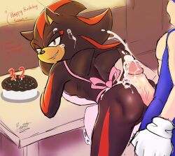 anthro aoibeast ass balls bent_over bent_over_table bodily_fluids cum cum_on_back cum_on_face dialogue duo genital_fluids genitals hot_dogging looking_at_viewer looking_back male male/male penis sega sex shadow_the_hedgehog sonic_(series) sonic_the_hedgehog sonic_the_hedgehog_(series) speech_bubble