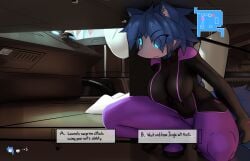 anthro aqua_eyes big_breasts bodysuit breasts canid canine cassandra_(ozoneserpent) collarbone decision drone female fox furry hiding_behind_object life_(gaming) mammal map navel navel_visible_through_clothes original original_character ozoneserpent table tail text thick_thighs