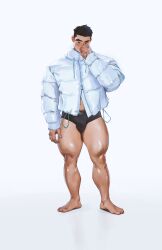 barefoot bashful beefy big_thighs black_trunks blush briefs bushy_eyebrows covering_mouth daddy dark_hair hoonzino lad male male_only manly muscular_legs muscular_male muscular_thighs puffer_jacket solo trunks white_background