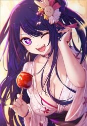 1girls cleavage female female_focus female_only hoshino_ai idol long_hair mitsu_art oshi_no_ko pubic_hair purple_eyes purple_hair solo solo_female solo_focus