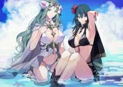 2girls alternate_costume bad_id bad_twitter_id bare_shoulders beach bikini black_bikini black_cape black_swimsuit blue_eyes blue_hair blue_sky blush breasts byleth_(female)_(fire_emblem) byleth_(female)_(summer)_(fire_emblem) byleth_(fire_emblem) byleth_(fire_emblem)_(female) cape cleavage closed_mouth cloud collarbone commentary day female female_only fire_emblem fire_emblem:_three_houses fire_emblem_heroes flower green_eyes green_hair hair_between_eyes hair_flower hair_ornament hand_on_own_chest hand_up kneeling large_breasts long_hair looking_at_viewer midriff multiple_girls navel nintendo ocean official_alternate_costume outdoors rhea_(fire_emblem) rhea_(summer)_(fire_emblem) ribbon sandals sidelocks sitting sky smile sparkle swimsuit symbol-only_commentary tiara tsukimura_noe water weapon white_bikini white_swimsuit wrist_ribbon