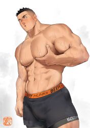 abs bara_tiddies bara_tits big_pecs black_underwear bulge dark_hair hiroki_bzdsk holding_pecs male muscular_arms muscular_male pec_grab pec_grasp solo sweat sweating sweaty_body undercut underwear underwear_only