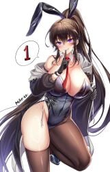 :q absurdres animal_ears arm_belt bare_shoulders black_gloves black_hair black_jacket black_leotard breasts brown_thighhighs cleavage closed_mouth counter:side covered_navel cowboy_shot detached_collar fake_animal_ears female finger_to_mouth gloves highleg highleg_leotard highres index_finger_raised jacket large_breasts leg_up leotard long_hair long_sleeves looking_at_viewer maett naughty_face necktie off_shoulder open_clothes open_jacket playboy_bunny ponytail purple_eyes rabbit_ears shoes shushing simple_background single_leg_pantyhose single_thighhigh smile solo speech_bubble standing standing_on_one_leg strapless strapless_leotard thighhighs thighs tongue tongue_out very_long_hair white_background yoo_mina