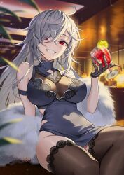 absurdres bad_link bare_shoulders black_thighhighs breasts counter:side cup dress drinking_glass earrings evil_smile feather_boa female fishnet_gloves fishnets food fruit gloves gremory_(counter:side) grey_hair half_gloves heartki highres holding holding_cup jewelry lace lace-trimmed_legwear lace_trim large_breasts lemon_slice long_hair red_eyes see-through see-through_dress sitting smile solo thighhighs