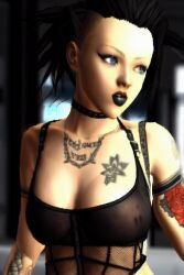 1girls 3d ai_generated arm_tattoo arm_tattoos black_choker black_hair black_lipstick blue_eyes choker cleavage crop_top fishnets goth goth_girl hair low_poly lowpoly punk punk_girl solo spiked_hair tattoo tattoos