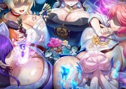 1boy 5girls aether_(genshin_impact) color genshin_impact giantess gigantic_breasts high_resolution highres kamisato_ayaka macro pressing_breasts raiden_shogun sangonomiya_kokomi size_difference sweating tempuru yae_miko yoimiya_(genshin_impact)