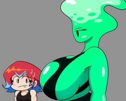 2girls big_breasts breast_envy breasts f'lata_flare_(minusbrush) female female_only fire fire_girl friday_night_funkin green_body huge_breasts jealous looking_at_breasts meme minusbrush sideboob yuri