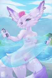 2023 anthro beach blizzard_entertainment blue_eyes breasts canid canine clothing digital_media_(artwork) ear_piercing ear_ring female fennec flower fox fur genitals hi_res long_ears long_tail looking_at_viewer mammal mountain nude one_eye_closed outside pawpads piercing plant pussy rin_tyan ring_piercing rose_(flower) seaside shaded simple_background sky smile solo solo_focus tail teeth towel translucent translucent_clothing tuft vulpera warcraft water white_body white_fur wink