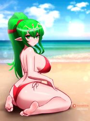 1girls artist_name ass barefoot beach bikini blush breasts closed_mouth cloud cloudy_sky commentary crossed_bangs day eyelashes feet female female female_only fire_emblem fire_emblem_awakening green_hair hair_between_eyes hand_on_own_thigh highres jaxartdump jaxdrawz large_ass large_breasts looking_at_viewer nintendo on_ground outdoors patreon_logo pointy_ears ponytail red_bikini shiny_skin side-tie_bikini_bottom sideboob sidelocks sitting sky soles solo swimsuit thick_thighs thighs tiki_(adult)_(fire_emblem) tiki_(fire_emblem) toes wariza