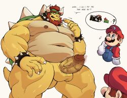 2boys animal_genitalia animal_penis anthro balls beard big_balls big_muscles big_pecs big_penis bodily_fluids bowser bracelet brown_hair clothed clothed/nude clothed_male_nude_male clothing collar da_ddy22 dadee duo english_text erection facial_hair gay gay_male genital_fluids genitals green_body hair hat headgear headwear horn human human_on_anthro imagination imminent_anal imminent_sex interspecies jewelry koopa male male/male male_only mammal mario mario_(series) moustache multicolored_body musclegut muscular muscular_anthro muscular_male navel nintendo nipples nude offering_sex overalls pecs penile_spines penis precum red_hair scalie shell spiked_bracelet spiked_collar spiked_shell spikes spikes_(anatomy) super_mario_bros. text yellow_body