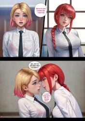 2girls alexander_dinh blonde_hair blue_eyes blush breasts chainsaw_man crossover ear_piercing eastern_and_western_character english_text eye_contact eyebrow_piercing face-to-face female gwen_stacy leaning_forward makima_(chainsaw_man) marvel marvel_comics multicolored_hair red_hair school school_uniform schoolgirl spider-man:_across_the_spider-verse spider-man:_into_the_spider-verse spider-man_(series) text_bubble tie yuri