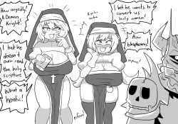 1boy 2girls armor big_breasts black_and_white blushing cleavage doodle english_text female gloves looking_back male mocking monochrome multiple_girls no_color no_sex notnoe_(dxcl) nun original request skull stockings text text_bubble thick_thighs thighs white_background