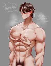 1boy brown_hair glasses honkai:_star_rail male male_focus muscular muscular_male pec_squeeze pubic_hair solo_male tagme welt_yang_(honkai:_star_rail)