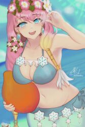 1girls alternate_costume armpits bangs beach bikini blue_bikini blue_eyes blue_swimsuit breasts day earrings female female_only fire_emblem fire_emblem_engage fire_emblem_heroes gunnthra_(fire_emblem) gunnthra_(summer)_(fire_emblem) large_breasts long_hair looking_at_viewer multicolored_hair nintendo ocean official_alternate_costume open_mouth outdoors pink_hair rotomdocs smile solo sommie_(fire_emblem) swimsuit