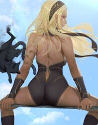 ass back blonde_hair clothed dark-skinned_female gravity_rush kat_(gravity_rush) sitting spread_legs teemu_taiga