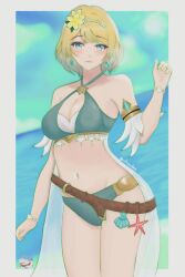 1girls :3 alternate_costume bare_shoulders beach bikini blue_bikini blue_swimsuit breasts cleavage collarbone day female female_only fire_emblem fire_emblem_engage fire_emblem_heroes fjorm_(fire_emblem) fjorm_(summer)_(fire_emblem) flower hair_flower large_breasts looking_at_viewer nintendo ocean official_alternate_costume outdoors rotomdocs see-through shoulders smile solo sommie_(fire_emblem) swimsuit veil