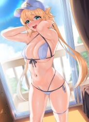 1girls artoria_pendragon artoria_pendragon_(caster) bikini blonde_hair blush breasts embarrassed fate/grand_order fate_(series) female green_eyes hat indoors kisaragi_tsurugi light-skinned_female light_skin long_hair medium_breasts smile twintails