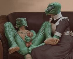 anal anal_fingering anthro anthro_on_anthro argonian balls bethesda_softworks bodily_fluids chin_spikes claws clothing dandzialf duo erection facial_spikes female female_fingering finger_claws fingering furniture genital_fluids genitals glans green_body green_scales handjob humanoid_genitalia humanoid_penis inside lifts-her-tail looking_at_another looking_pleasured lusty_argonian_maid maid_uniform male male/female male_fingered nude penile penis precum scales scalie sex shaded signature snout sofa spikes spikes_(anatomy) spread_legs spreading tail tan_body the_elder_scrolls toe_claws uniform