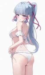 aftamc ass bikini blush genshin_impact kamisato_ayaka looking_at_viewer looking_back ponytail ribbon simple_background