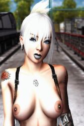 1girls 3d ai_generated blue_eyes breasts eyeshadow gauged_ear lipstick low_poly lowpoly mascara nipples punk punk_girl short_hair shoulder_tattoo silver solo white_hair