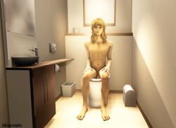 1boy 3d bathroom blonde_hair link male male_only nude on_toilet penis sitting solo solo_male the_legend_of_zelda toilet