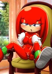 1girls bbmbbf blush female furry furry_only holding_own_breasts knora_the_echidna knuckles_the_echidna looking_at_viewer mobius_unleashed mtf_transformation on_chair palcomix pussy_juice rule_63 solo sonic_(series) sonic_the_hedgehog_(series) spread_legs