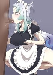 1boy 1girls cosplay dark-skinned_male dark_skin deepthroat fellatio grabbing_own_breast indie_virtual_youtuber light-skinned_female light_skin long_hair looking_at_partner maid_uniform mia_sova misaho_mi penis roleplay saliva shaking snow_owl squatting straight tongue_out virtual_youtuber vtuber white_hair