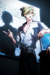 1boy blonde_hair chest clothing daddy english_text exposed_chest fully_clothed genshin_impact kaveh_(genshin_impact) male male_only mob_hwan pants ponytail professor shadow teacher unbuttoned