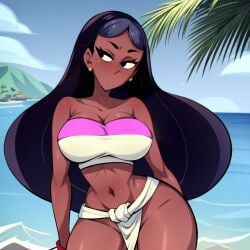 ai_generated almost_naked athletic_female beach big_ass big_breasts black_hair brown_body cats62 chel_(cosplay) cosplay dark-skinned_female dark_skin hips ocean priyanka_maheswaran stable_diffusion steven_universe voluptuous_female