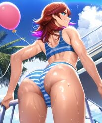 1boy ai_generated ass ass_focus beach big_ass big_butt blue_eyes bulge femboy girly male male_only novelai ocean pier pov red_hair shorts smile smiling smiling_at_viewer striped_panties wet wet_clothes