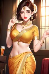 ai_generated drink flower flower_in_hair glass gold_jewelry indian indian_female jewelry lipstick navel orange_clothing red_lipstick saree sari sindoor smile waist window