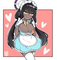 :t adorable ahoge alternate_costume black_hair blue_archive blue_dress blush bow bowtie breasts cleaning_&_clearing_(blue_archive) cleavage cleavage_cutout closed_mouth clothing_cutout commission cowboy_shot cross-laced_clothes cute dark-skinned_female dark_skin detached_collar dress female gloves heart junsuina_fujunbutsu karin_(blue_archive) large_breasts long_hair looking_at_viewer maid maid_headdress millennium_science_school_student outside_border pixiv_commission puffed_cheeks puffed_smile ringed_eyes simple_background smile thighhighs twintails yellow_eyes yellow_neckwear zettai_ryouiki