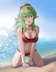 1girls all_fours alternate_costume bare_thighs beach bikini breasts cleavage day delvy_17 female female_only fire_emblem fire_emblem_awakening fire_emblem_heroes green_eyes green_hair hair_between_eyes kneeling large_breasts looking_at_viewer nintendo ocean official_alternate_costume open_mouth outdoors pointy_ears ponytail red_bikini red_swimsuit smile solo swimsuit thighs tiki_(adult)_(fire_emblem) tiki_(adult)_(summer)_(fire_emblem) tiki_(fire_emblem) wave