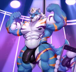 abs absurd_res anthro biceps big_bulge big_muscles blue_body blue_fur bulge canid canine canis clothing detailed_bulge flexing fur genital_outline hair hi_res holding_object holding_phone horn leather leather_clothing male mammal muscular muscular_anthro muscular_male muscular_thighs nipples penis_outline phone pole presenting rux-uwu smile solo stage_lights standing strip_club stripper thong underwear white_body white_fur white_hair wolf