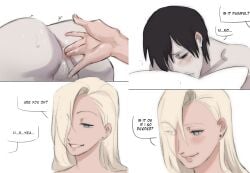 1boy 1girls anal anal_fingering anal_insertion anus ass ass_focus ass_grab assertive assertive_female blonde_hair blush boruto:_naruto_next_generations canon_couple checking_on_partner dominant dominant_female embarrassed english_text female femdom fingering gentle_femdom husband_and_wife ino_yamanaka looking_pleasured male male_anus male_penetrating moaning monday_mint naruto naruto:_the_last naruto_(series) naruto_shippuden pale_skin sai secretly_loves_it submissive submissive_male sweat testicles yamanaka_ino