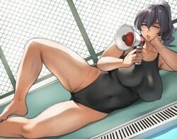 1girls 2019 ass_visible_through_thighs bare_legs barefoot black_hair black_swimsuit bored breasts chain-link_fence covered_navel feet female female_only fence hair_between_eyes highres holding_megaphone large_breasts lying megaphone nipple_bulge on_side one-piece_swimsuit open_mouth original outdoors pepe_(jonasan) pink_eyes ponytail pool solo swimsuit thick_thighs thighs tied_hair tongue unmotivated_big_sister_(pepe_(jonasan)) water
